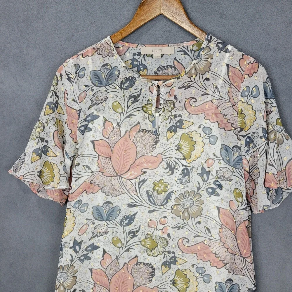 Loft Shift Dress Women's XS Multicolor Floral Lined Round Neck Short Sleeve Boho